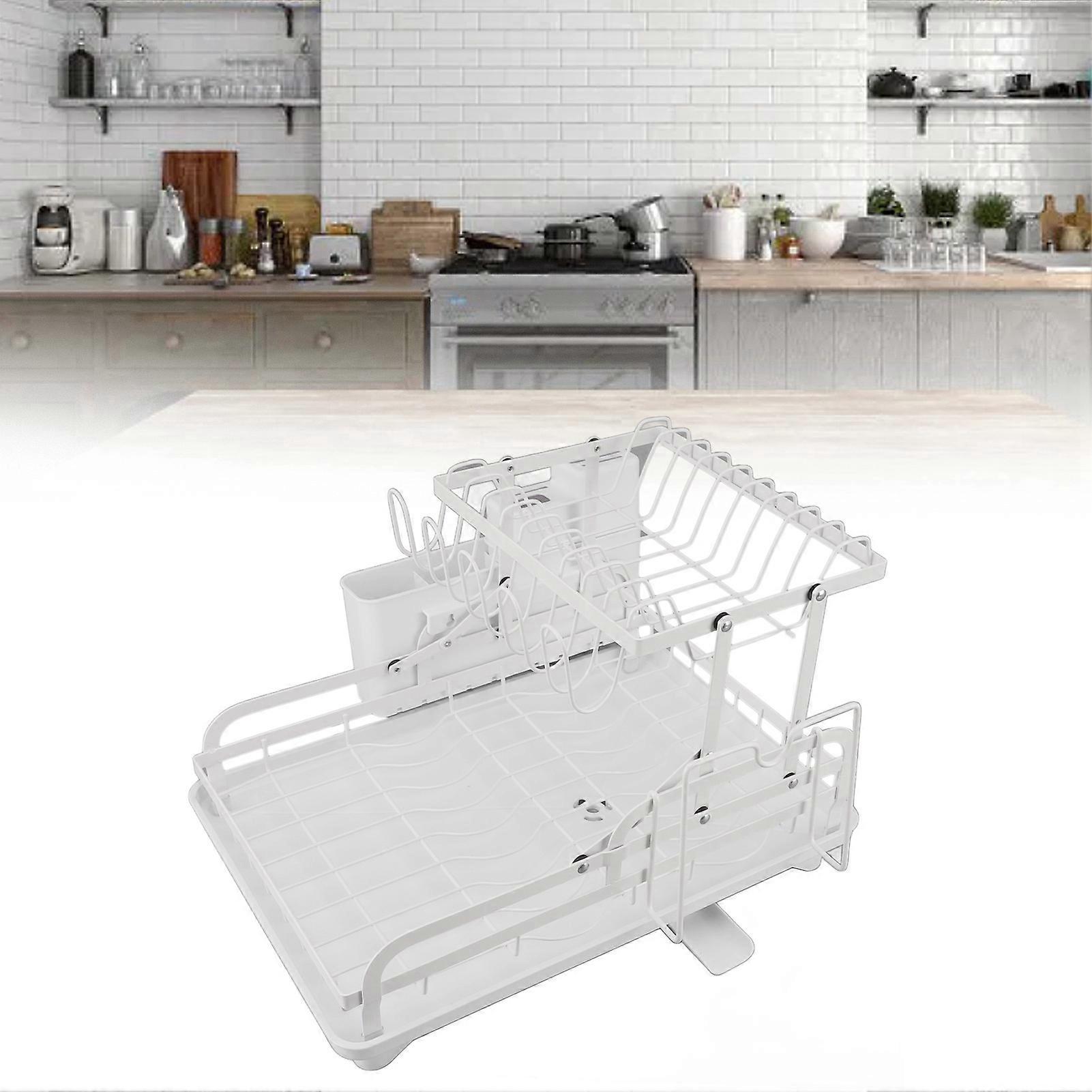 Dish Drying Rack Folding 2 Tier Multipurpose Easy Storage Dish Dryer Rack for Kitchen Countertop White 