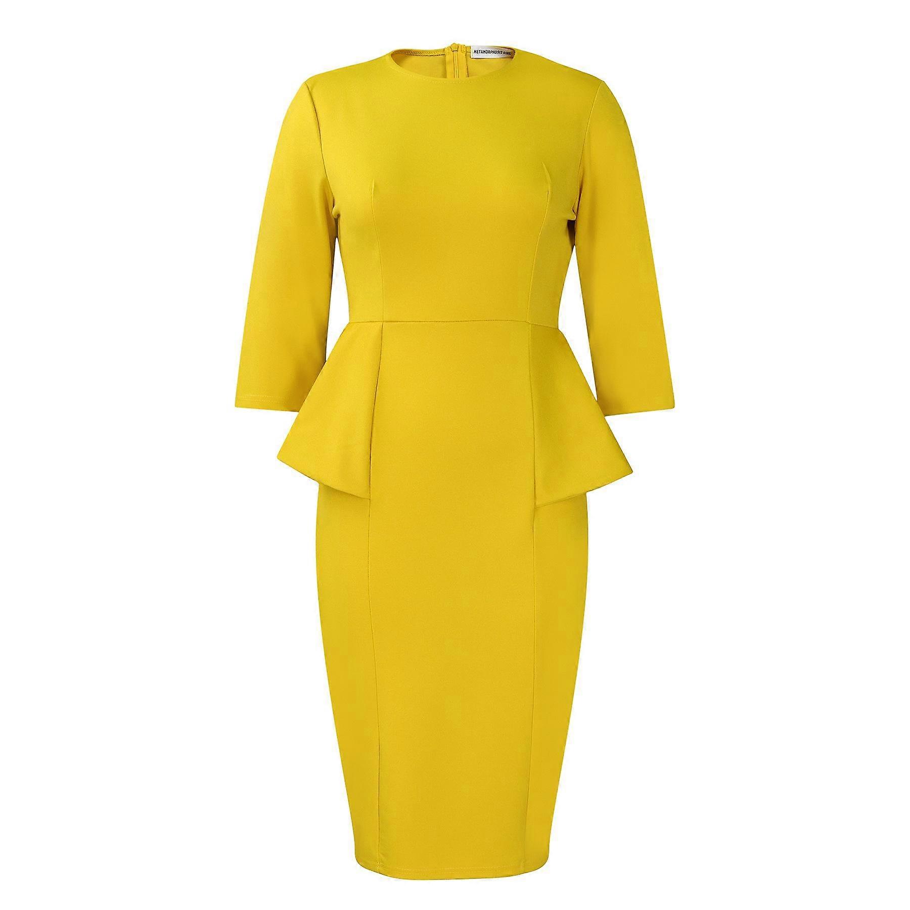 IHUASU Women's Spring Solid Color Round Neck Ruffled Edge Round Hip OL 3/4 Sleeves O-Neck High Waist Dress
