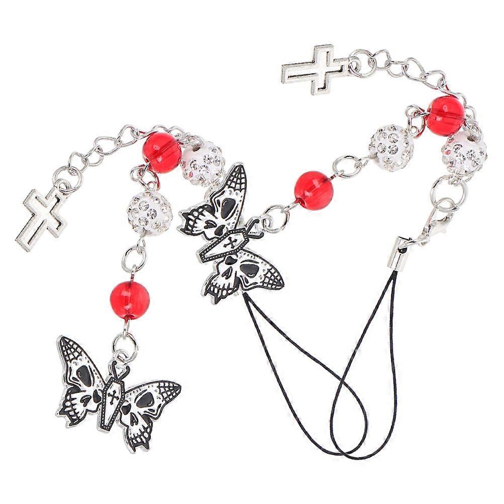 Gothic Punk Butterfly Phone Charm Beaded Lanyard Strap for Accessories – Red Design for Halloween & Unique Style