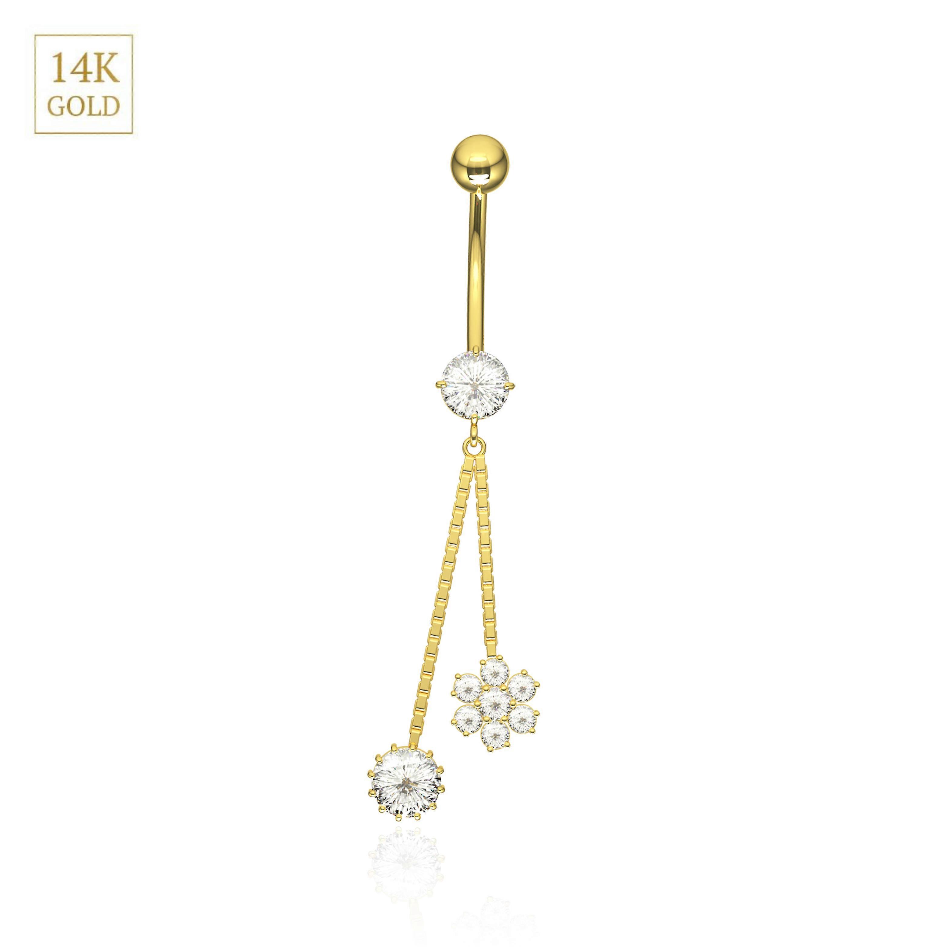 14K Solid Yellow Gold Flower And Cz Jewelled Dangling Belly Ring