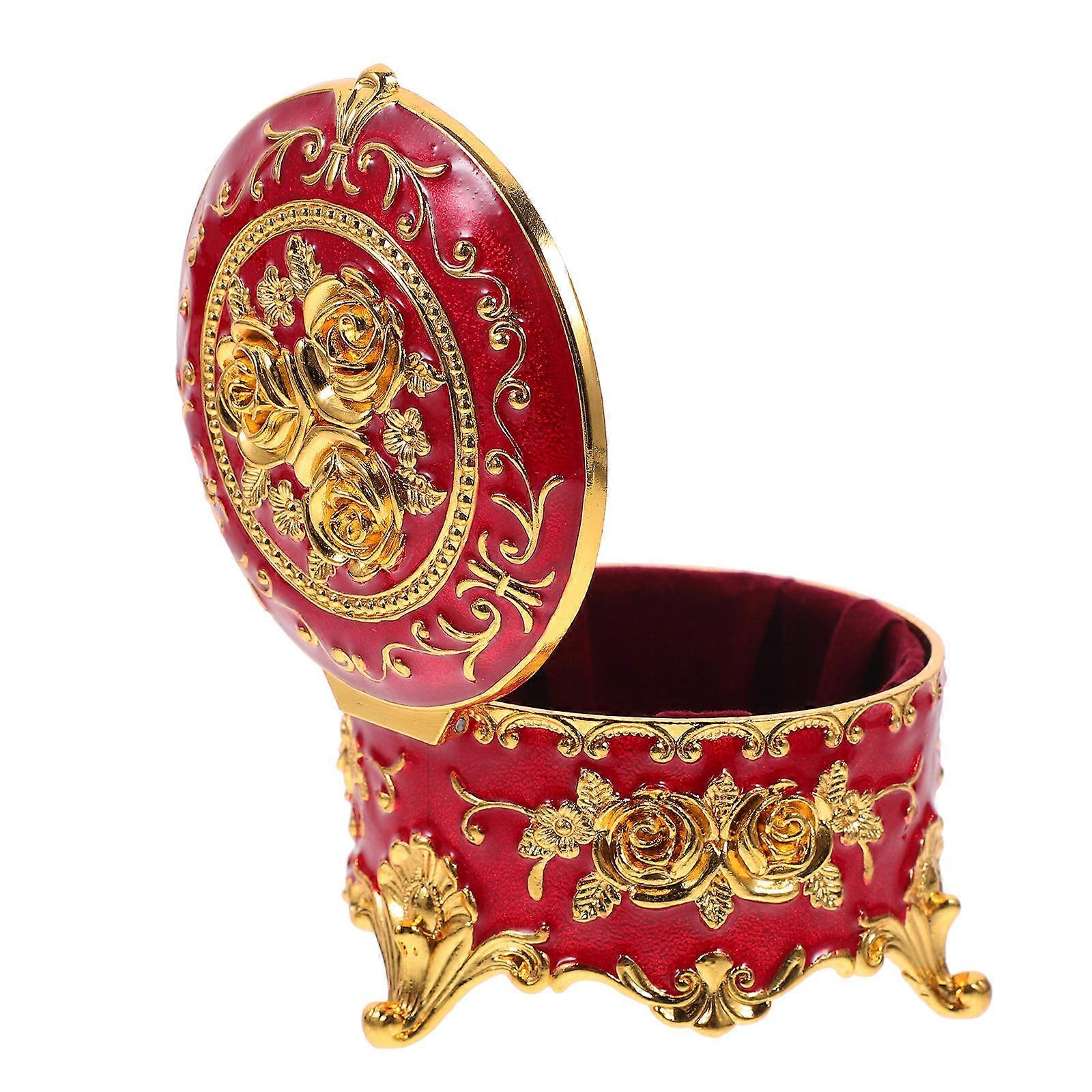 Vintage Pattern Jewelry Box Desktop Decoration Elegant Red Zinc Alloy Storage 1Pcs