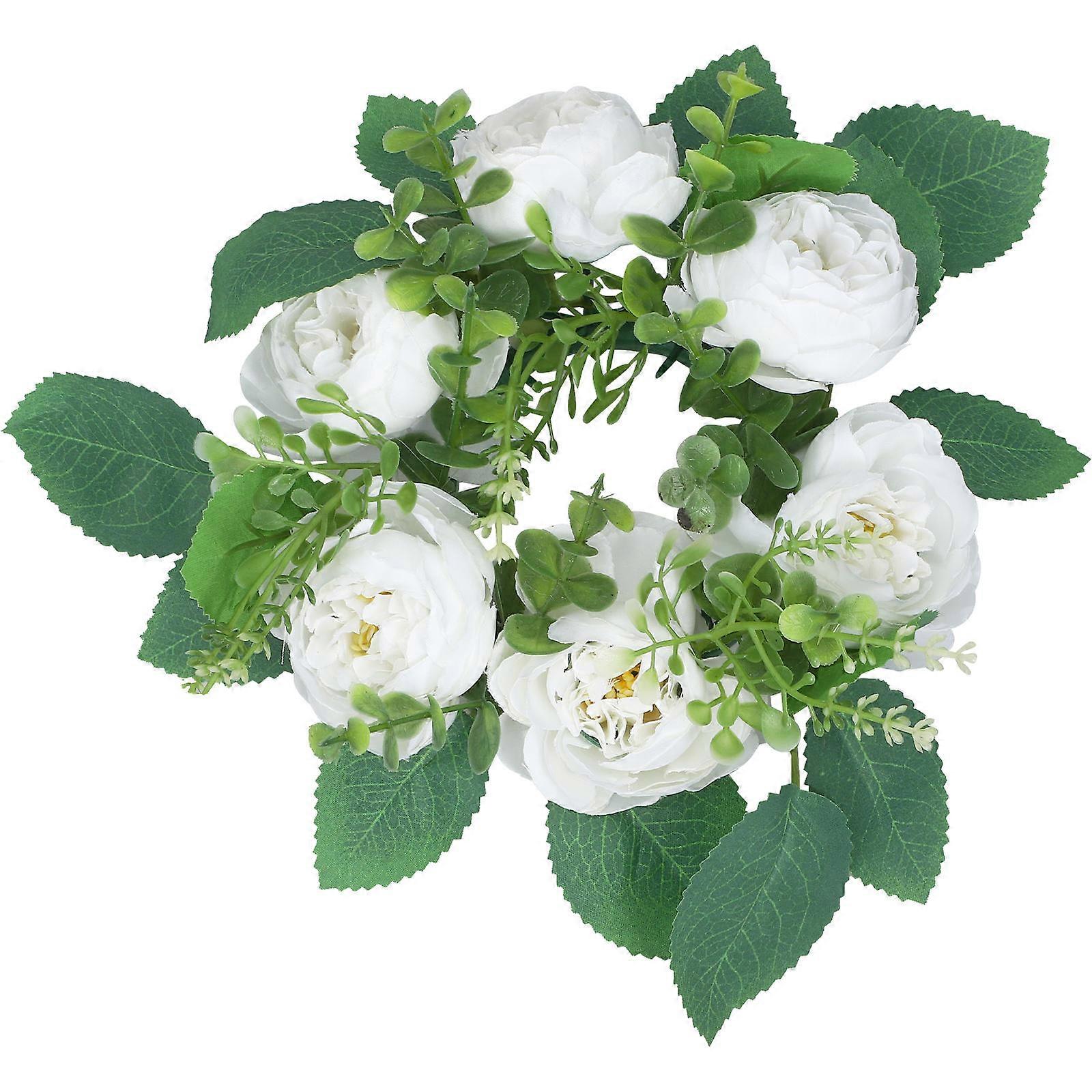 זר פרחים מלאכותי נר זר קישוט פסטיבל 26.00X26.00X6.00 ס"מ פרח משי לבן 2 יחידות