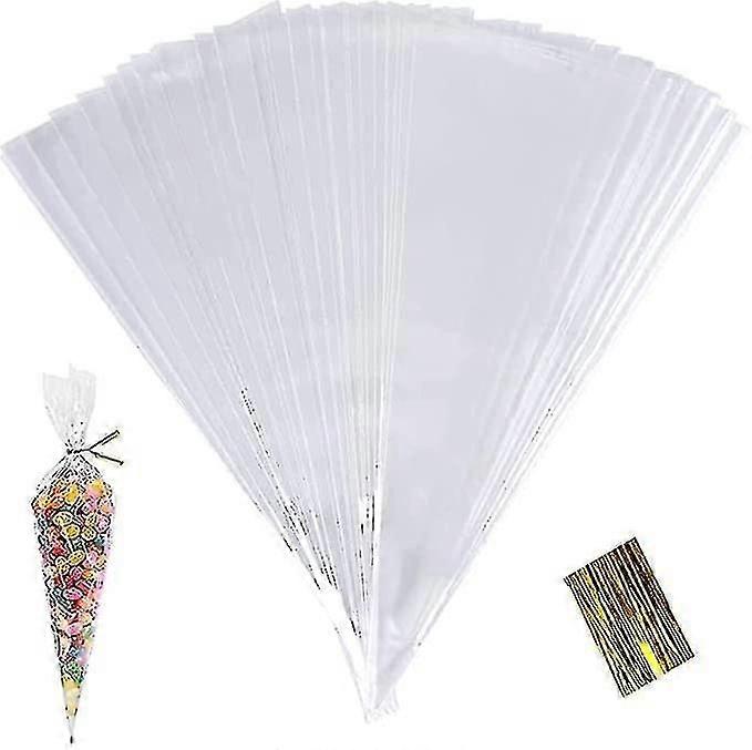 透明コーンバッグ 100個入り お菓子用セロハン製おやつバッグ 25x13cm プラスチック製キャンディ用三角バッグ ツイストタイ付き 食品用