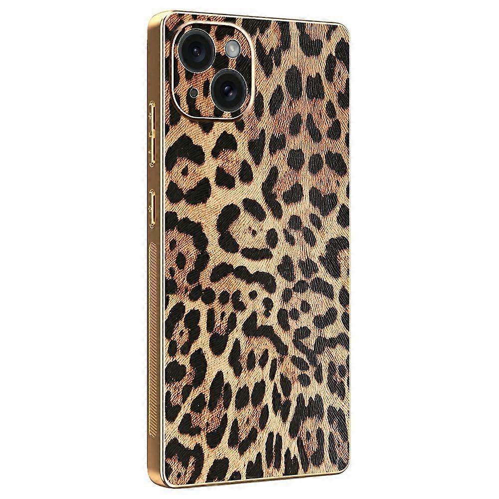 Compatible For iPhone 15 Plus Case Leopard Print PU Leather Coated TPU + PC Electroplating Phone Cover