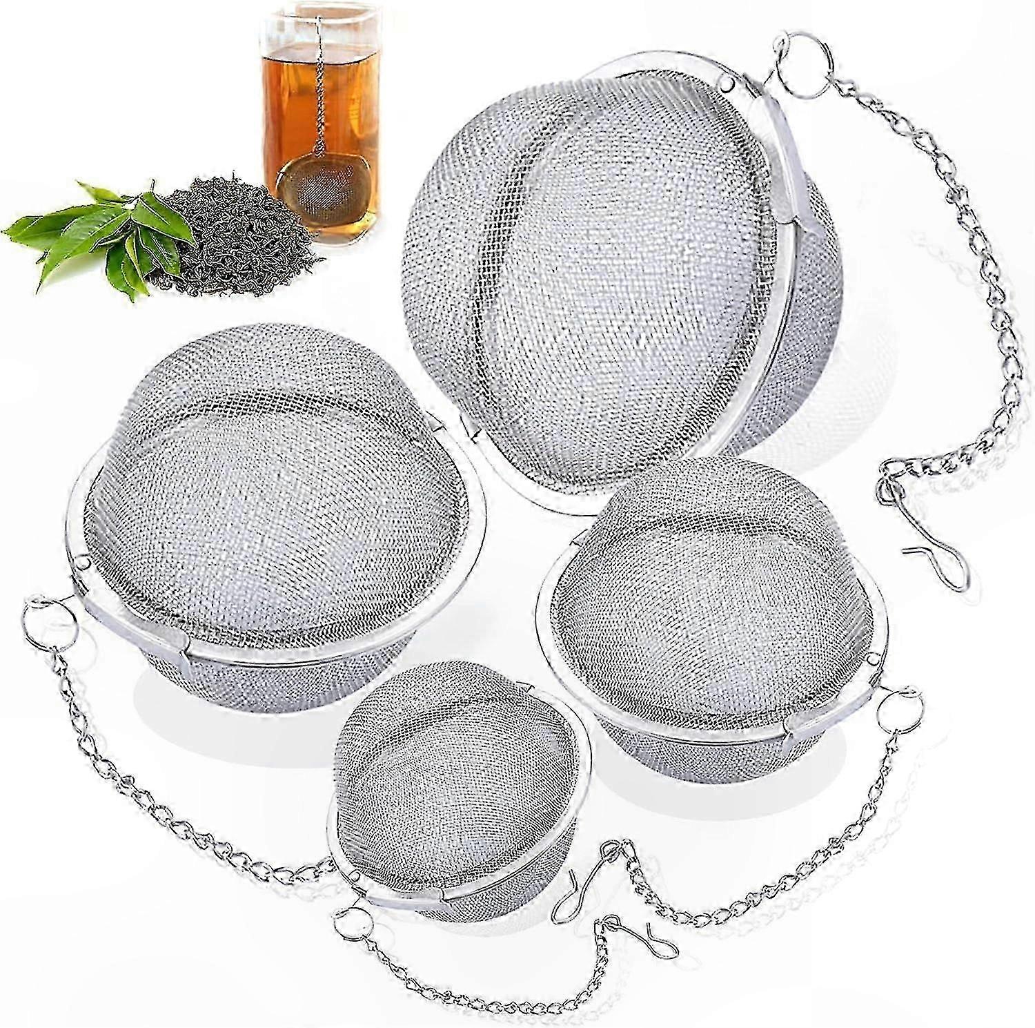 Fine Mesh Tea Strainer Set, 4-Piece Stainless Steel Tea Ball with Chain Hook, Food Grade Filters for Loose Leaf Tea, Various Sizes