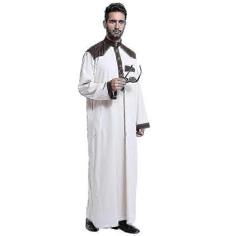 Muslim Men Colourblock Robe Islamic Stand Up Collar Shirt Kaftan Th...