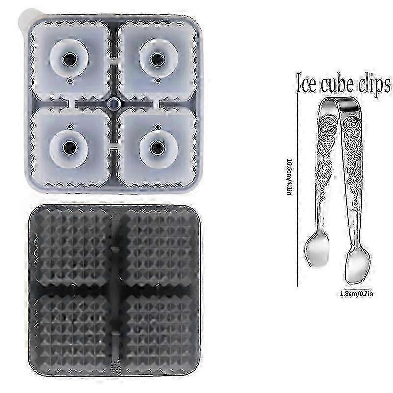 4 Grid Silicone Ice Cube Tray with Secure Clips for Whiskey, Cocktails & Beverages - Durable Square Black Design
