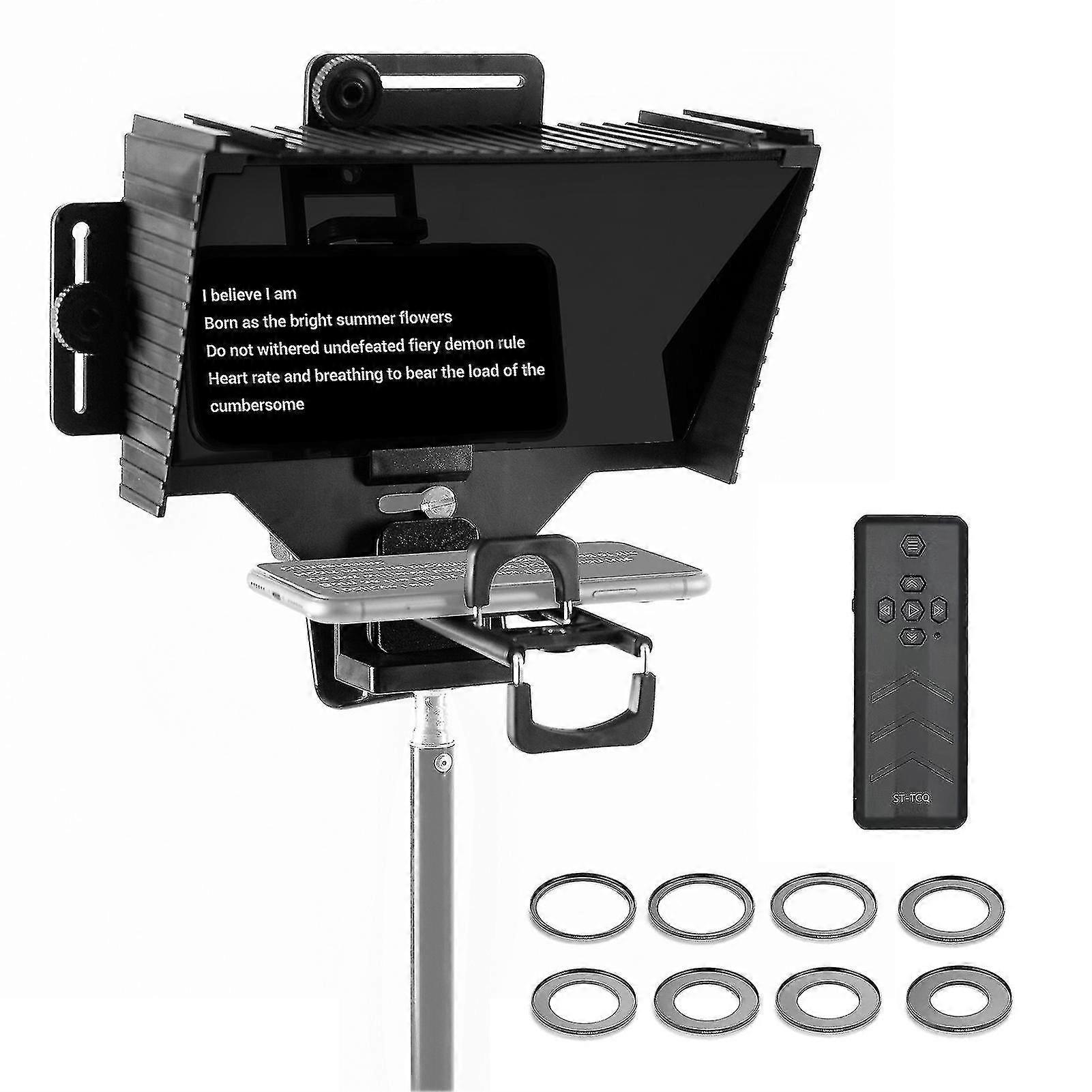 Portable Universal Teleprompter with BT Remote Control and Lens Adapter Ring for Live Stream Hosting, Compatible with Smart Phone and Tablet Cameras