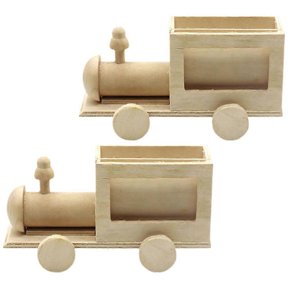 Wooden Train Shape Pen Container for Kids 2Pcs DIY Unfinished Graffiti Craft