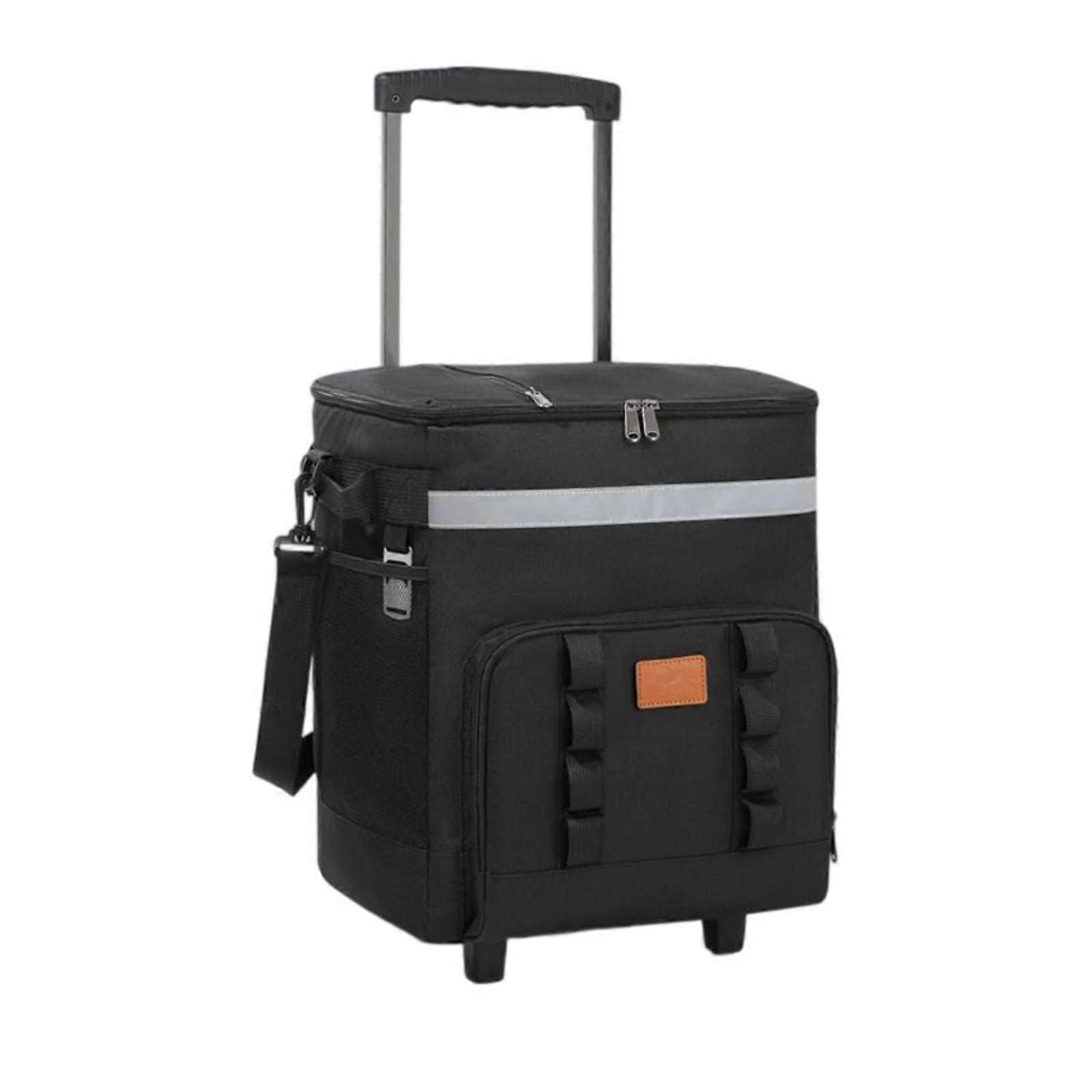 Large Capacity Rolling Insulated Cooler Bag With Retractable Handle Wheel Black For Outdoor Picnics Camping Beach