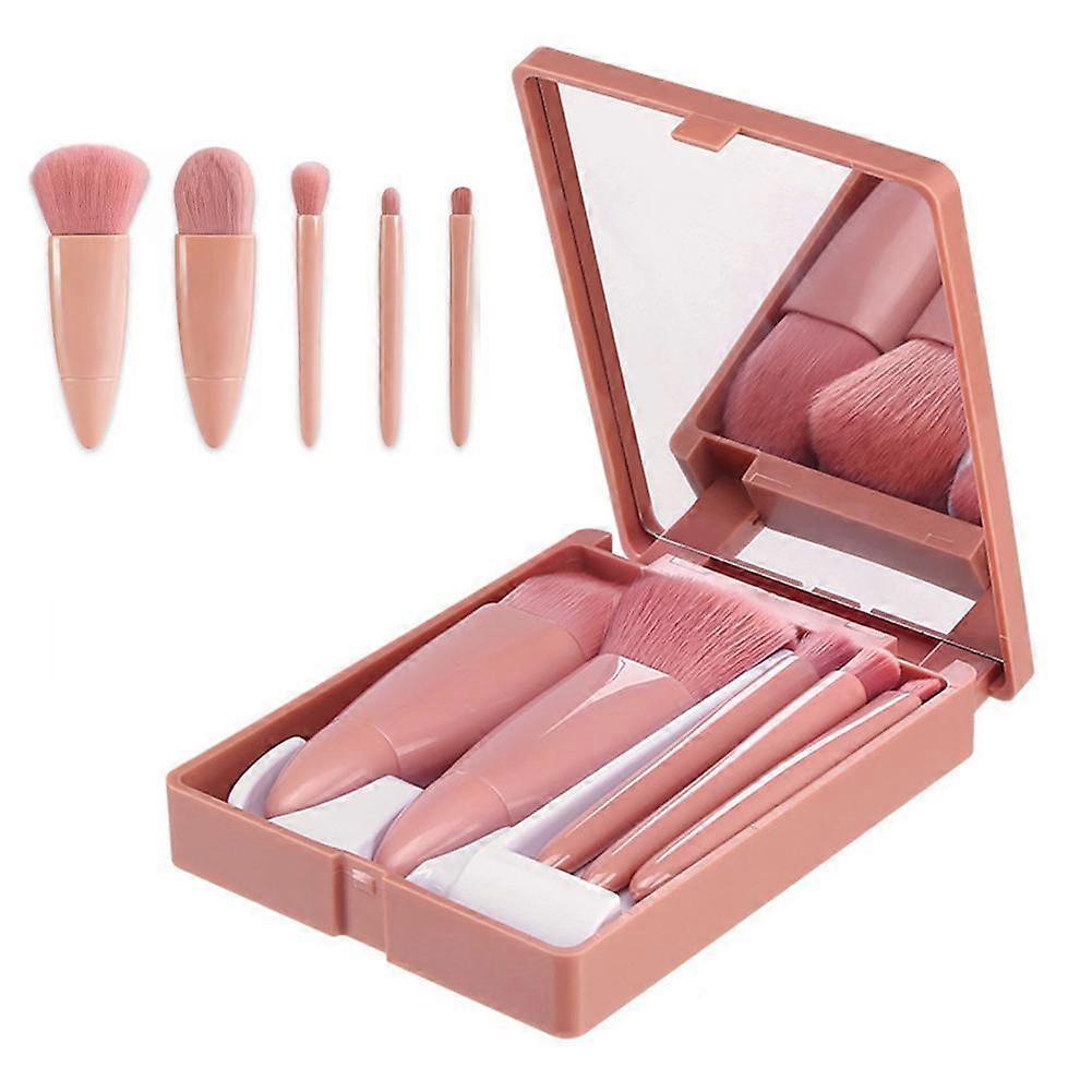 Portable Pink Makeup Brush Set 5 Pcs with Mirror Soft Bristles for Travel and Sensitive Skin