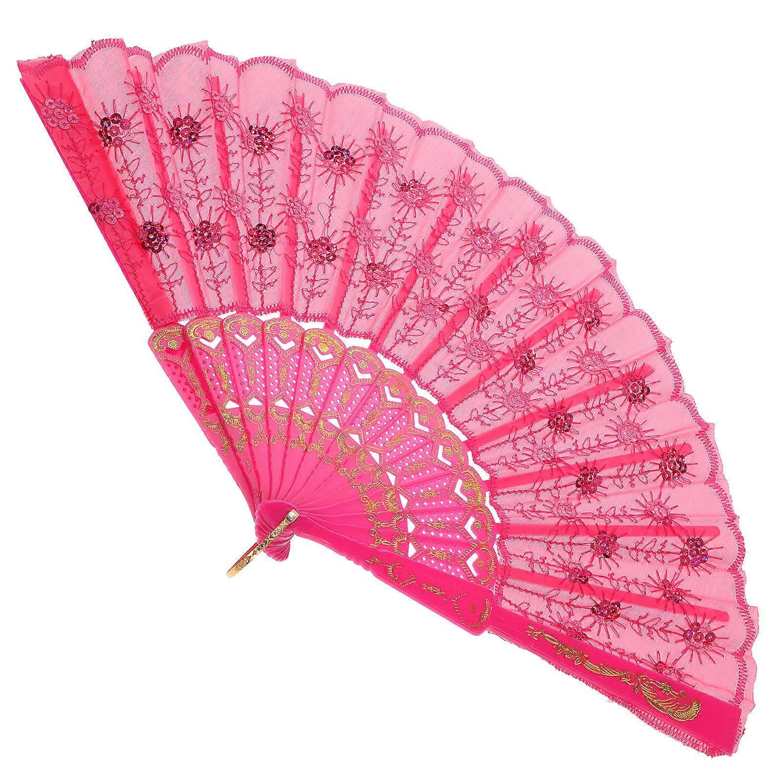 Bright Sequin Fan Plastic Women Folding Fan for Summer Use Pink