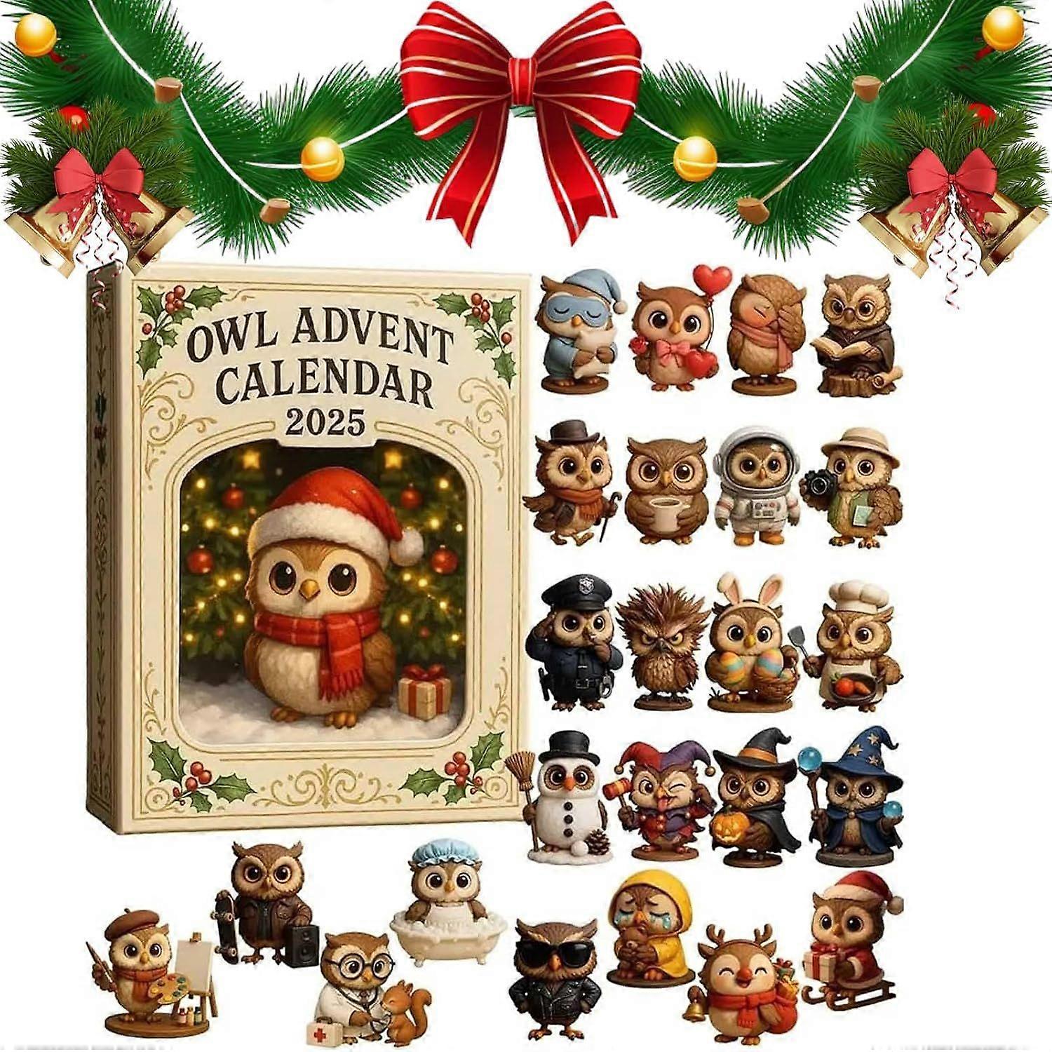 Owl Advent Calendar 2025  24-Day Christmas Countdown with 24 Mini Owl Ornaments, 2D Acrylic Keepsakes, Festive Gift Box for Bird Lovers & Collectors