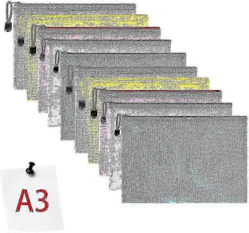 2025 Document Pocket A3, 10 Pieces A3 File Zippered Pockets, Mesh Plastic Zippered--