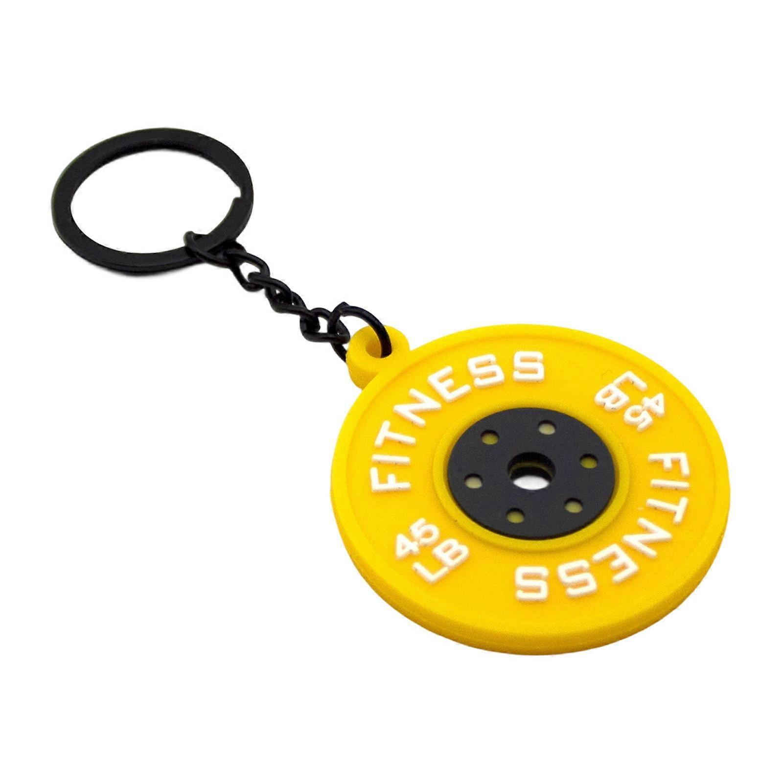 Gym Enthusiast Keychain Rubber Barbell Charm With Metal Chain 45lb Fitness Marking Simulation Dumbbell Plate Keyring  Yellow