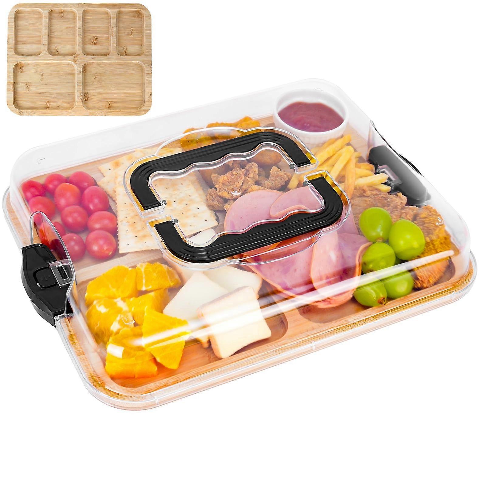 Charcuterie Board with Lid, Bamboo Cutting Board, 6Compartment Tray with Handle for Parties