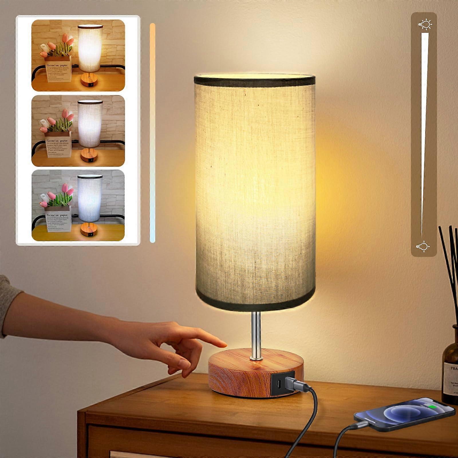 Touch Bedside Lamp with USBC Fast Charging, Stepless Dimming, 3 Color Temps, Grey Shade