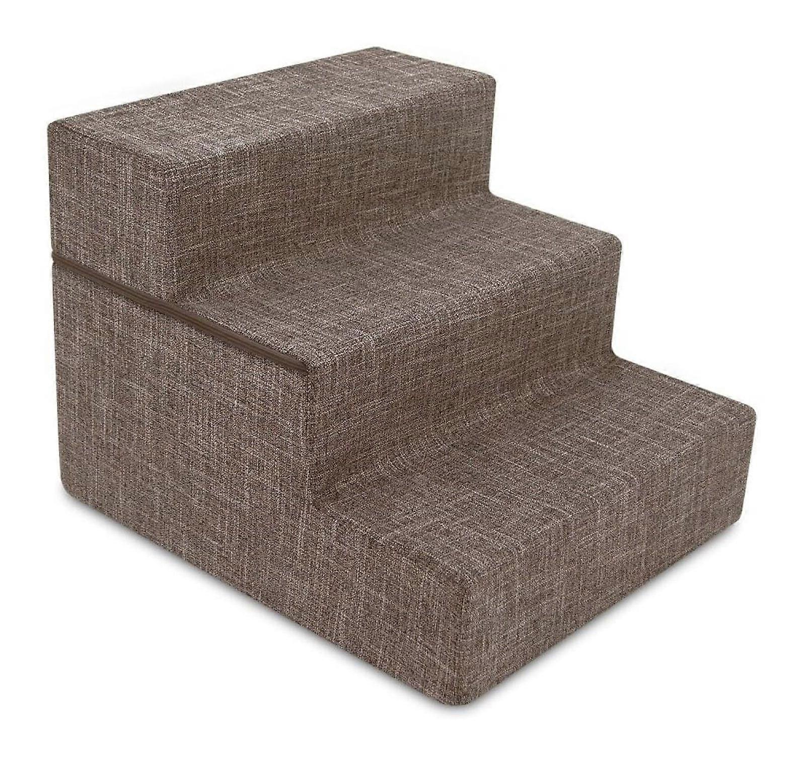 TiaGOC Portable Foldable 3-Step Foam Pet Stairs, Non-Slip Bottom, Brown Linen - Compatible with Couch, Sofa, High Bed