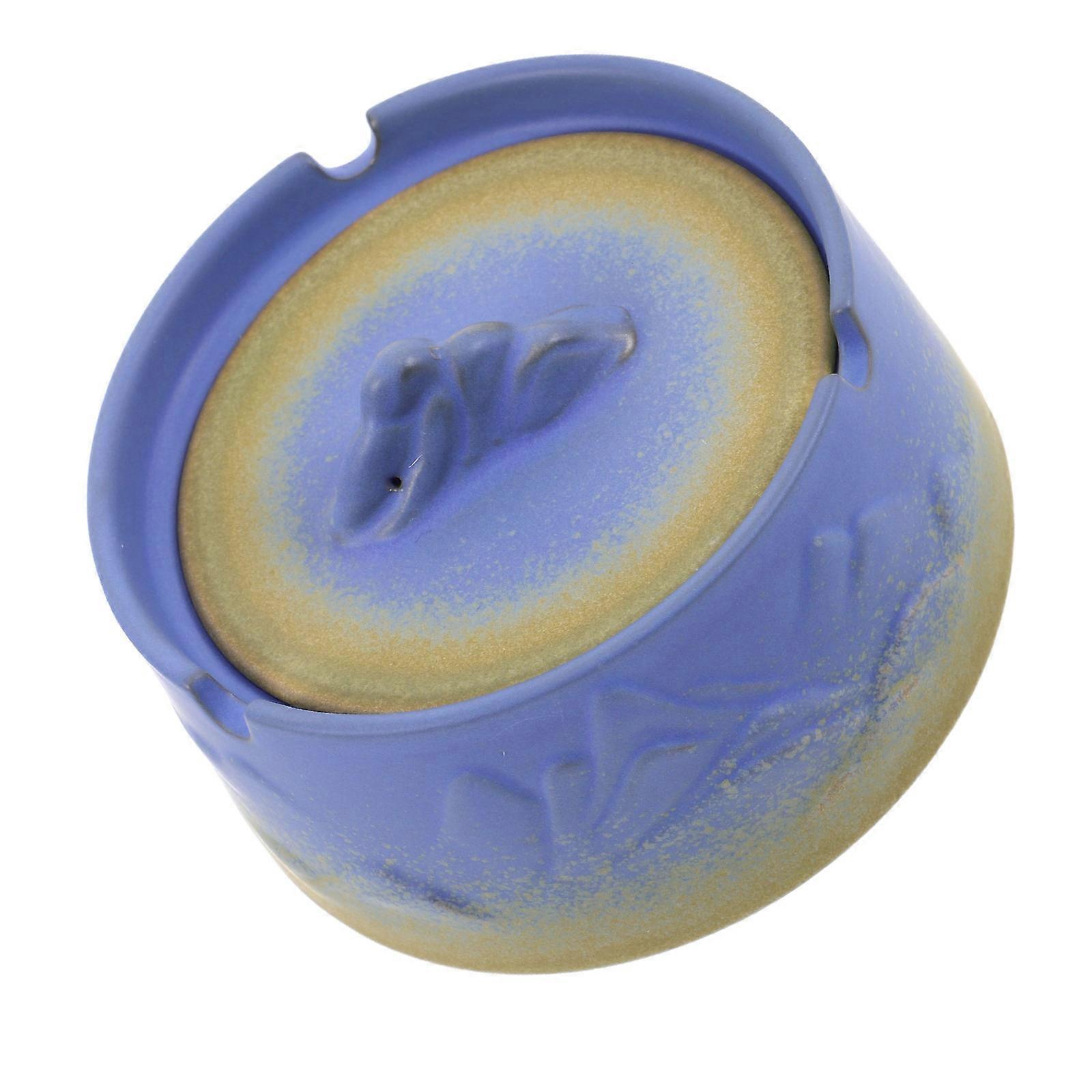 Windproof Ceramic Ashtray Blue with Lid for Portable Use Material