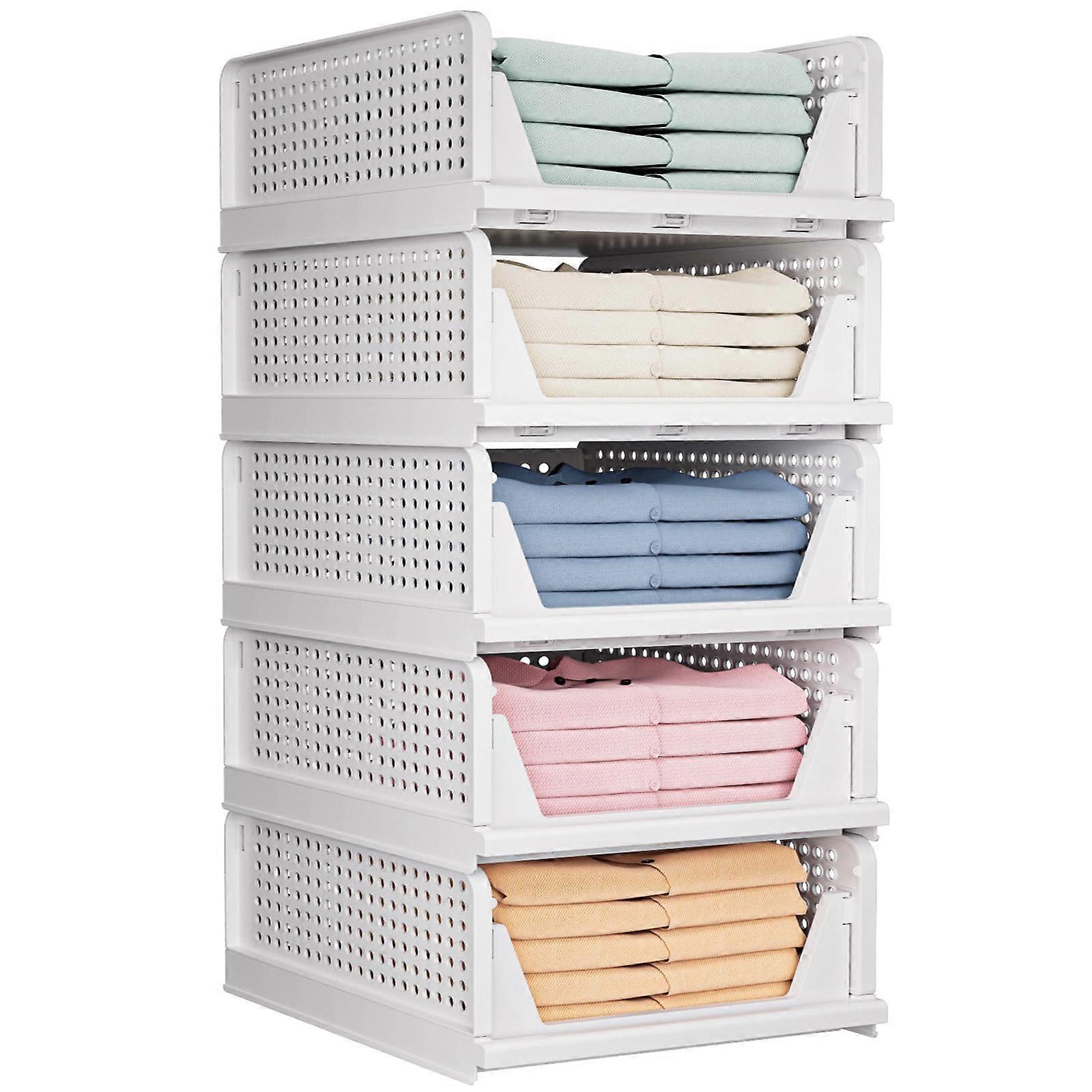 Wardrobe Storage Organizer 5 Pack Stackable Foldable Plastic Closet Bins for Bedroom Kitchen Bathroom White