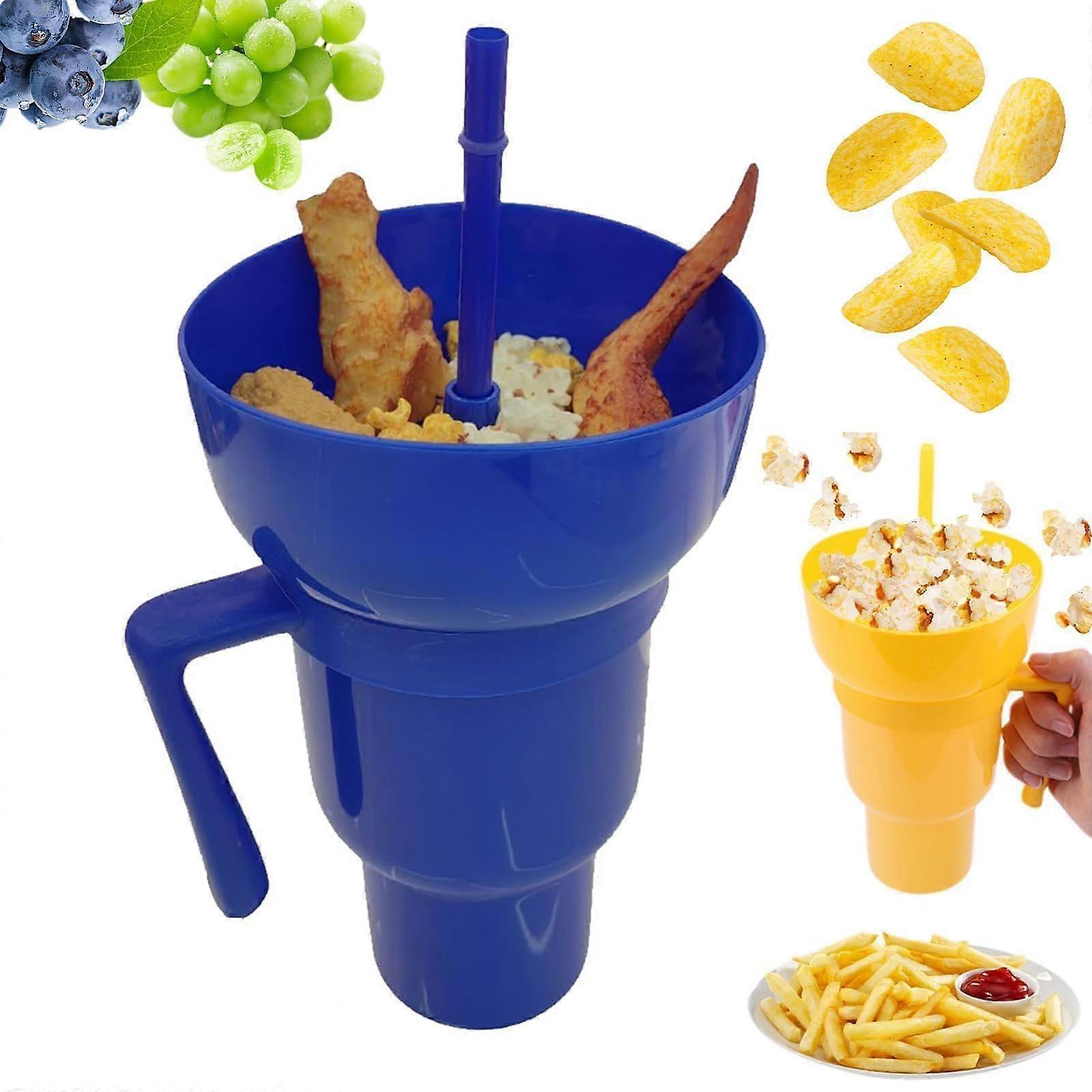 32oz Snack and Drink Cup with Straw, 2 in 1 LeakProof Popcorn and Beverage Holder Dark Blue