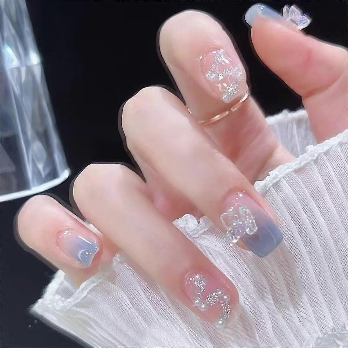Fake Nails Set French Style Press On Nails with Glitter Full Coverage 24PCS
