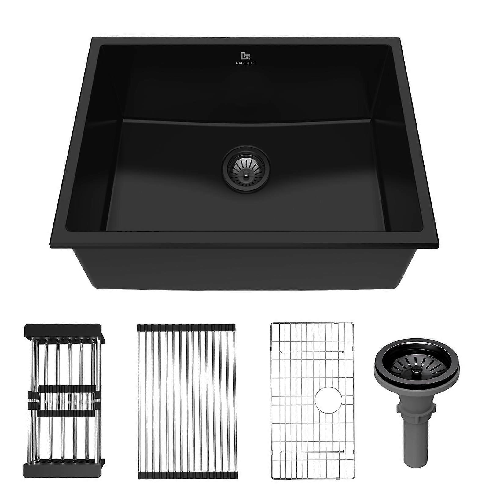 20 Inch Granite Composite Undermount Kitchen Sink, Black Single Bowl Deep Basin with Accessories