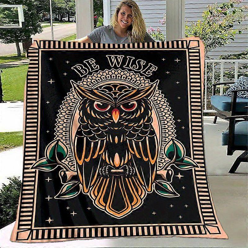 Wise Owl Flannel Throw Blanket  Soft Black & Orange Mandala Design with
