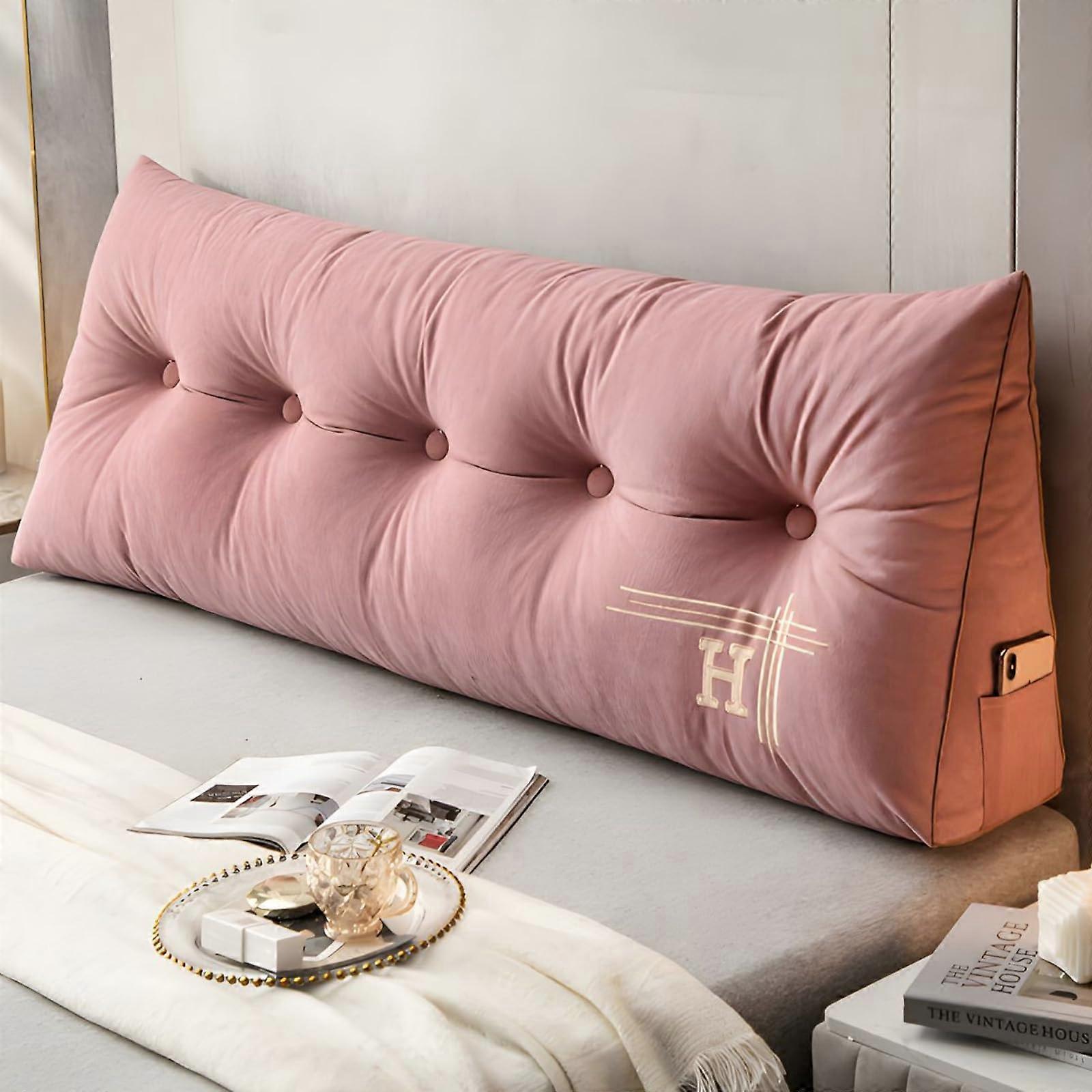 King Size Wedge Pillow for Bed, Large Triangular Backrest with Removable Cover and Side Pockets, Pink
