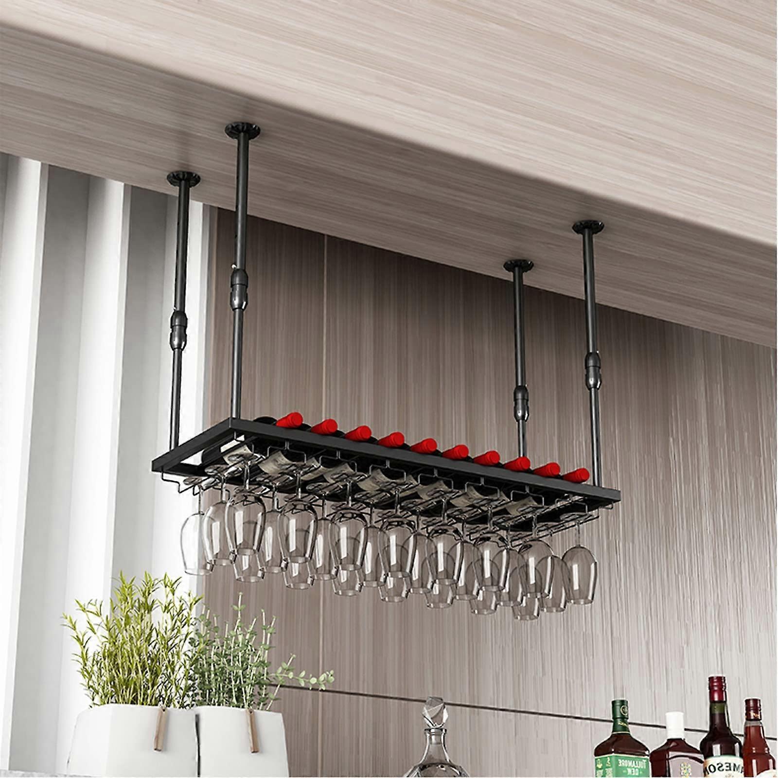 Ceiling Wine Rack with Adjustable Hanging Glass Holder, Double Layer Bottle Storage, Black 150x30cm