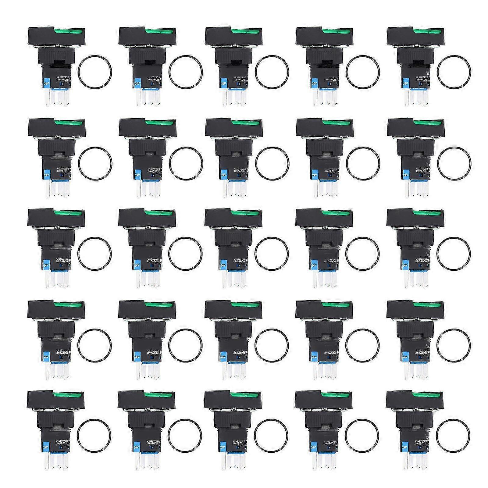 25Pcs Push Button Switch Self Locking Momentary 16mm Square with Light Set Kit 24VGreen