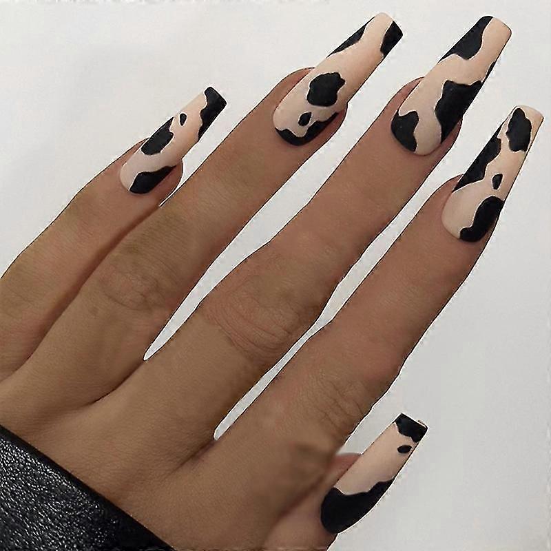 24pcs Cow Pattern Nail Patch Glue Type Removable Long Paragraph Manicure Save