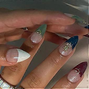 Press On Nails Acrylic False Nail Kit with Glue French Gold Reusable Glossy Set for Women 24PCS