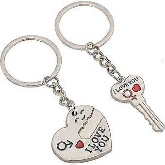 Valentines Keyrings Pair - I Love You Heart & Key Chain Ring - Couples Keychains