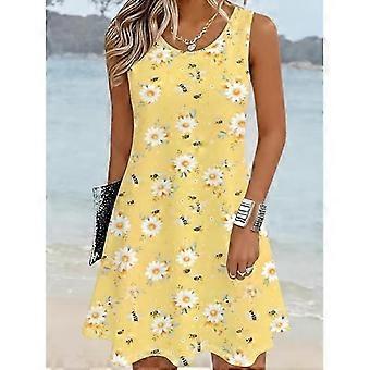 Women's Beautiful Flowers Printed Sleeveless Round Neck Dress Loose Soft and Comfortable Plus Size Dress