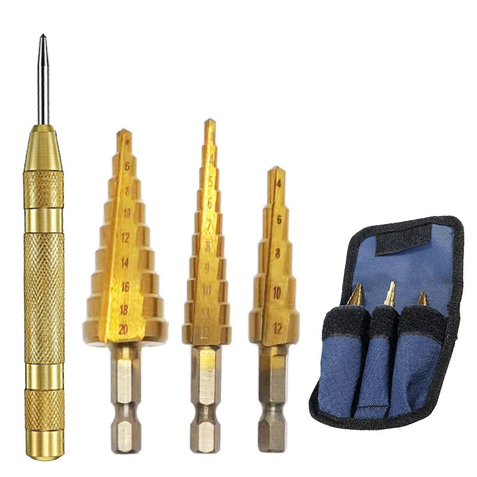 4PC HSS Titanium Step Drill Bit Set Quick Change 1/4 W/Automatic Center Punch Fg