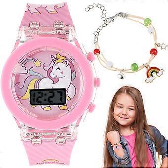 Einhorn-Uhr, Kinder-Cartoon-Leuchtuhr mit Zeitanzeige, 1 Set, Rosa