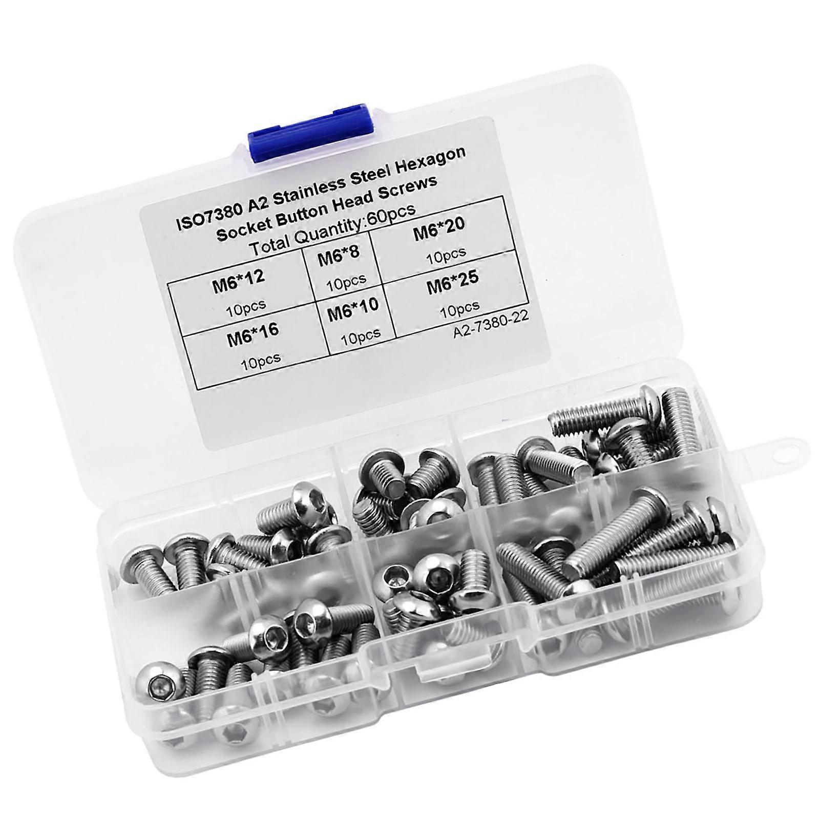 60PCS M6 Stainless Steel Hex Socket Button Head Screws Fasteners Accessories with Plastic Box