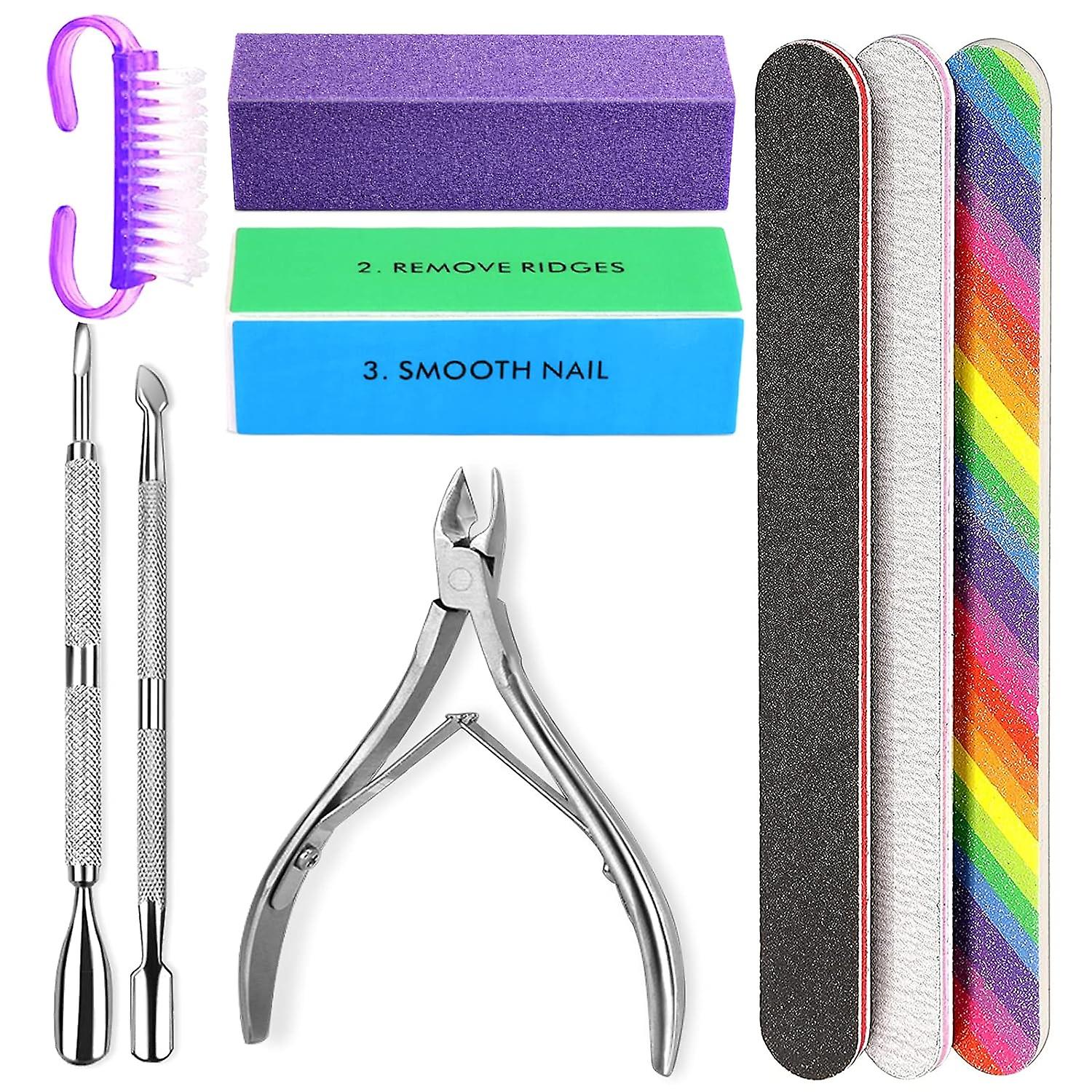 Manicure Nail File Kit-3pcs Double Sided Nail File, Rectangular Nail Buffer, 4 Step Buffing Block, 3pcs Cuticle Clipper & Pusher, And Nail Brush, Comp