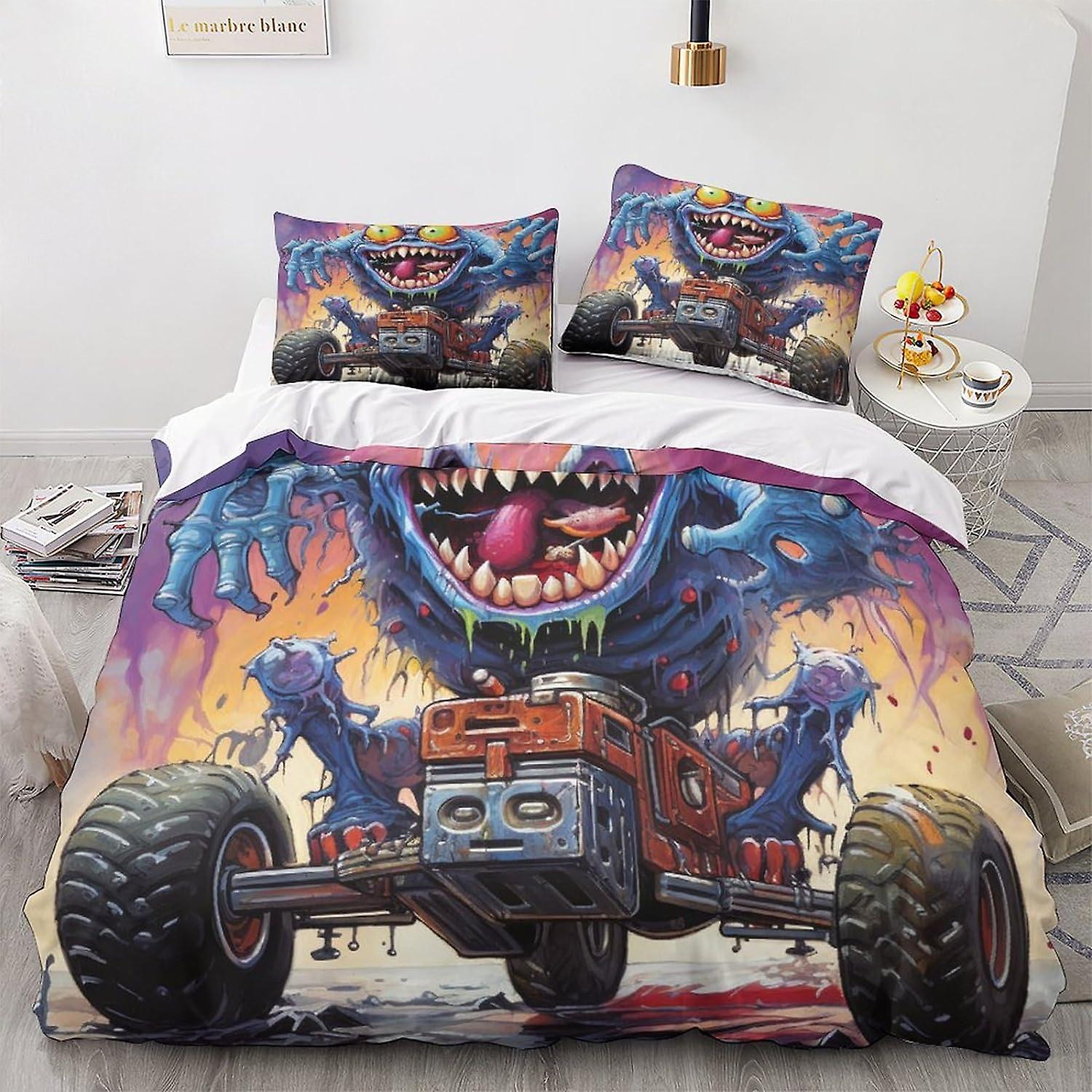 LikeEj Monster Sängkläder Set Påslakan 3D Vintage Bil Mönster Täcke Täcke Ultra Mjuk Tecknad Tema Täcke Täcke För Tonåringar Dubbel