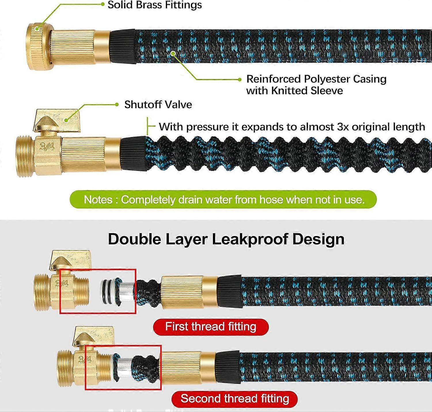 Extendable garden hose, flexible water hoses, 10-function spray nozzle and durable 3-layer latex, extra-strong garden hose with 3/4" solid brass fitti