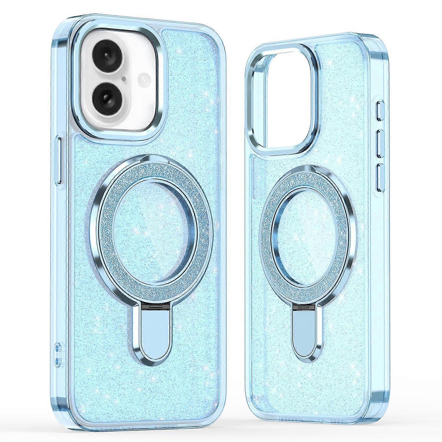 For iPhone 16 Case Glitter Design TPU+PC Kickstand Phone Protector - Blue