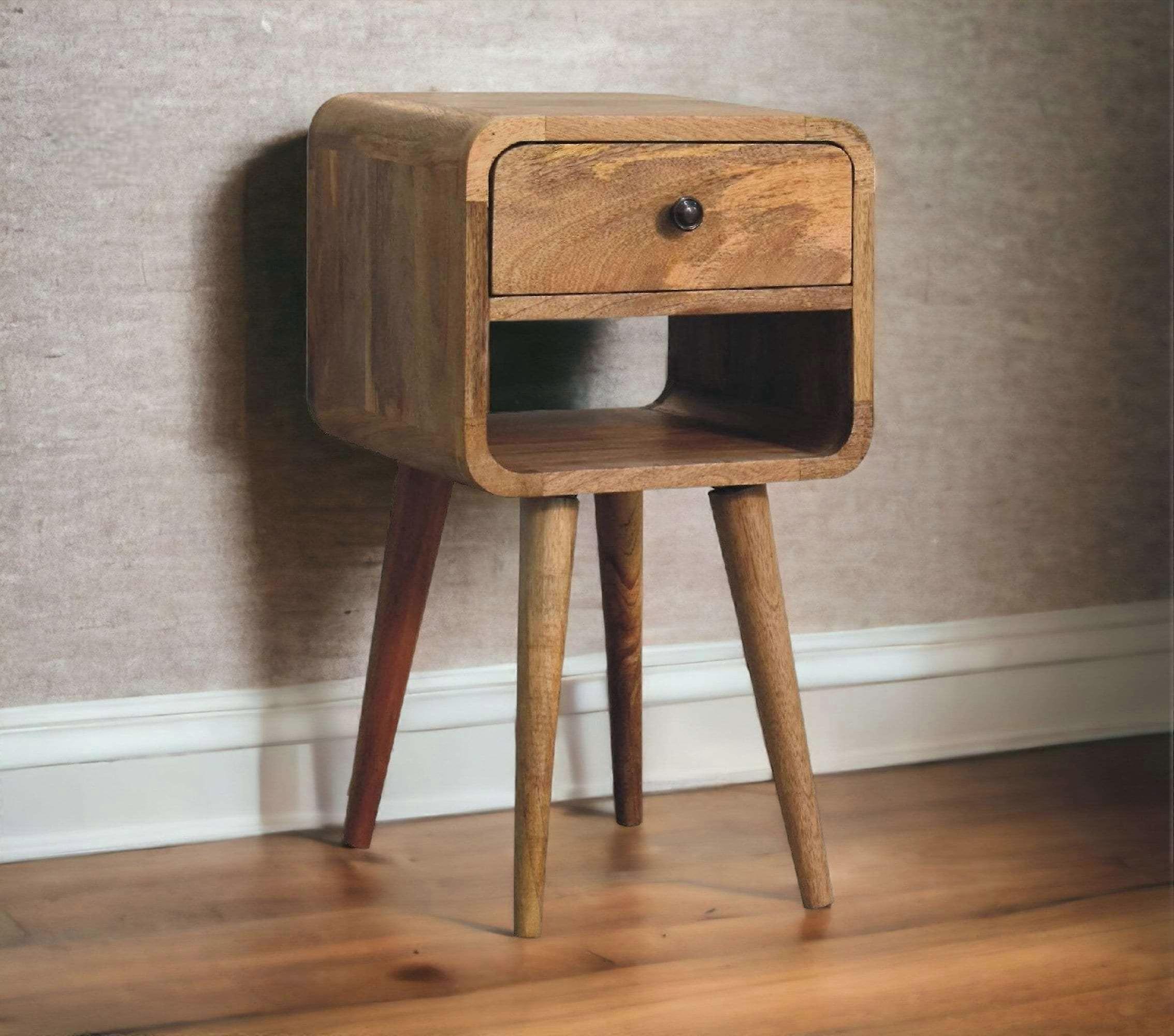 Small Curved Bedside Table With Drawer In Oak