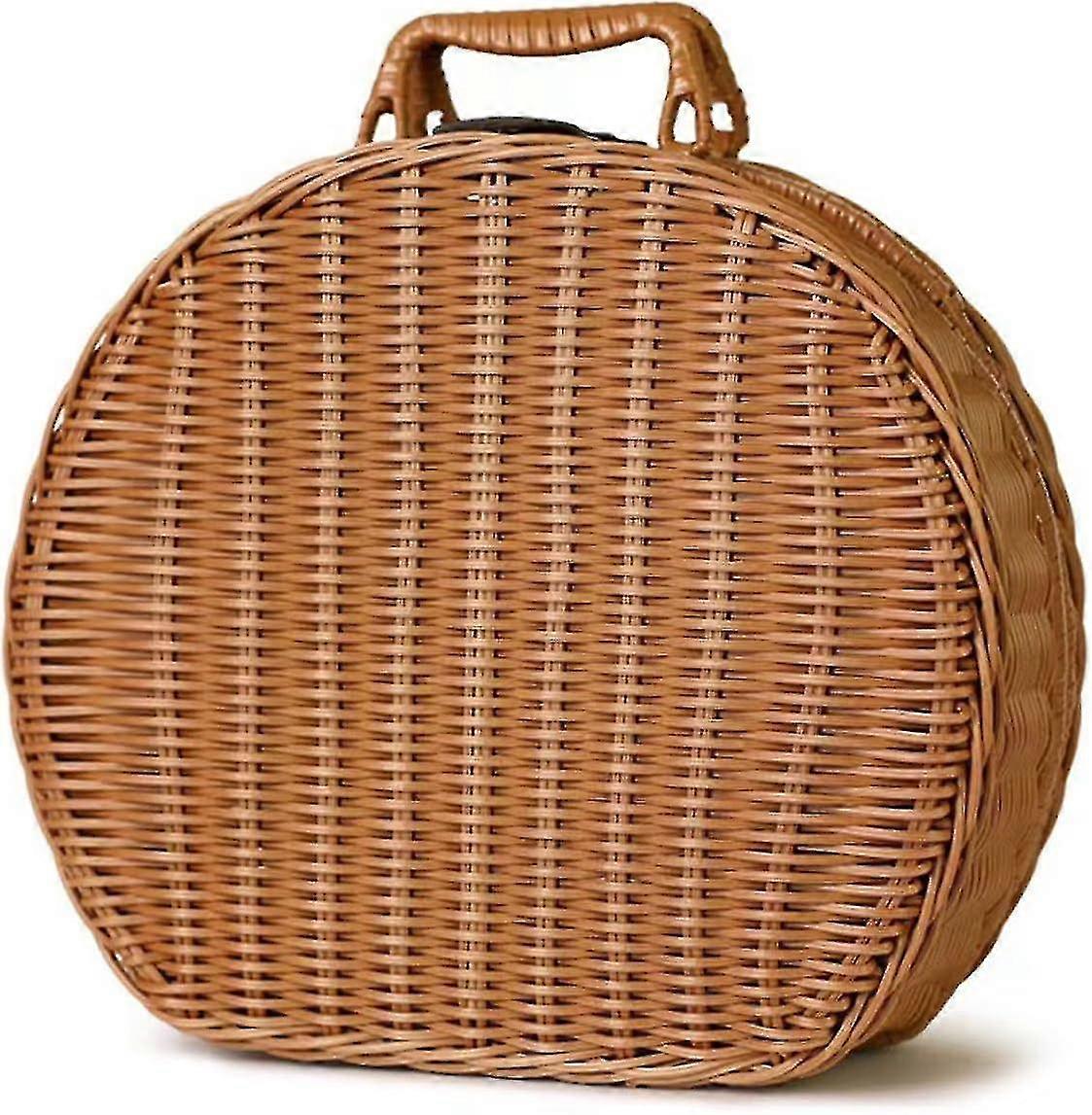 Vintage Round Woven Wicker Storage Box with Handle, Rattan Suitcase Basket, Wicker Picnic Tote, Rattan Storage Box Travel Suitcase Storage Organizer -