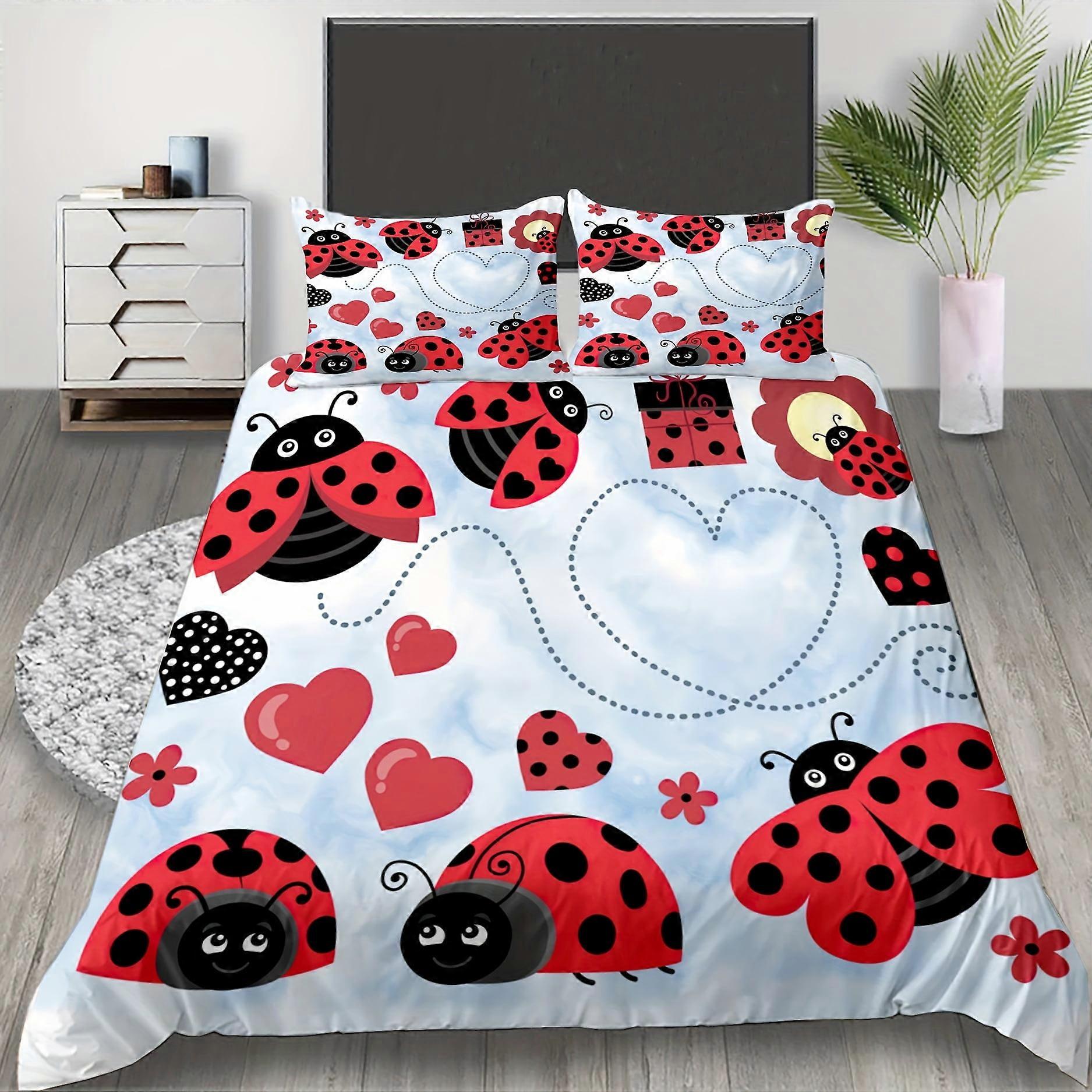 Bedding set XU537 3pcs Soft and Comfortable Cartoon Ladybug Duvet Cover Set with 2 Pillowcases - Perfect for Bedroom and Guest Room PW537