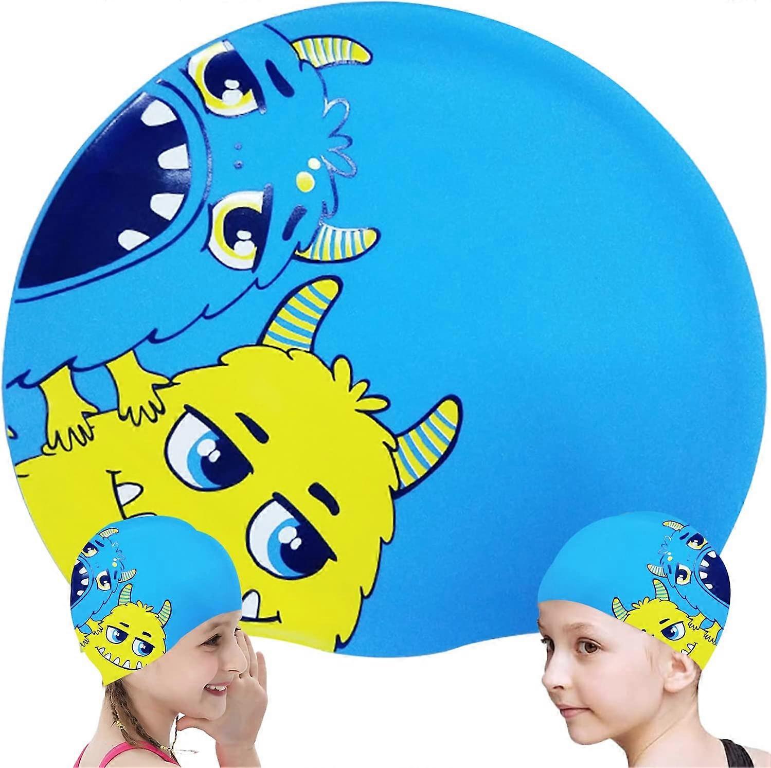 Children's Swimming Cap, Rongyi Children's Swimming Cap Silicone Cute Cartoon Pattern Long Hair Swimming Cap for Kids, Pool Party, 4-12 Years Old (Blu