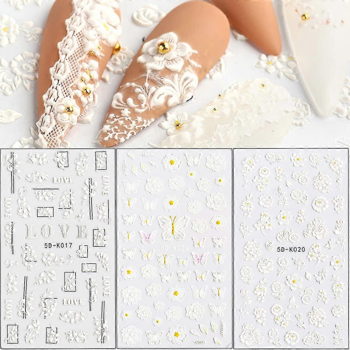 白い花ネイルステッカーデカール5D絶妙な彫刻ネイル用品蝶花の結婚式愛フランスのネイルデザインアクリル彫刻エンボス加工ダイ