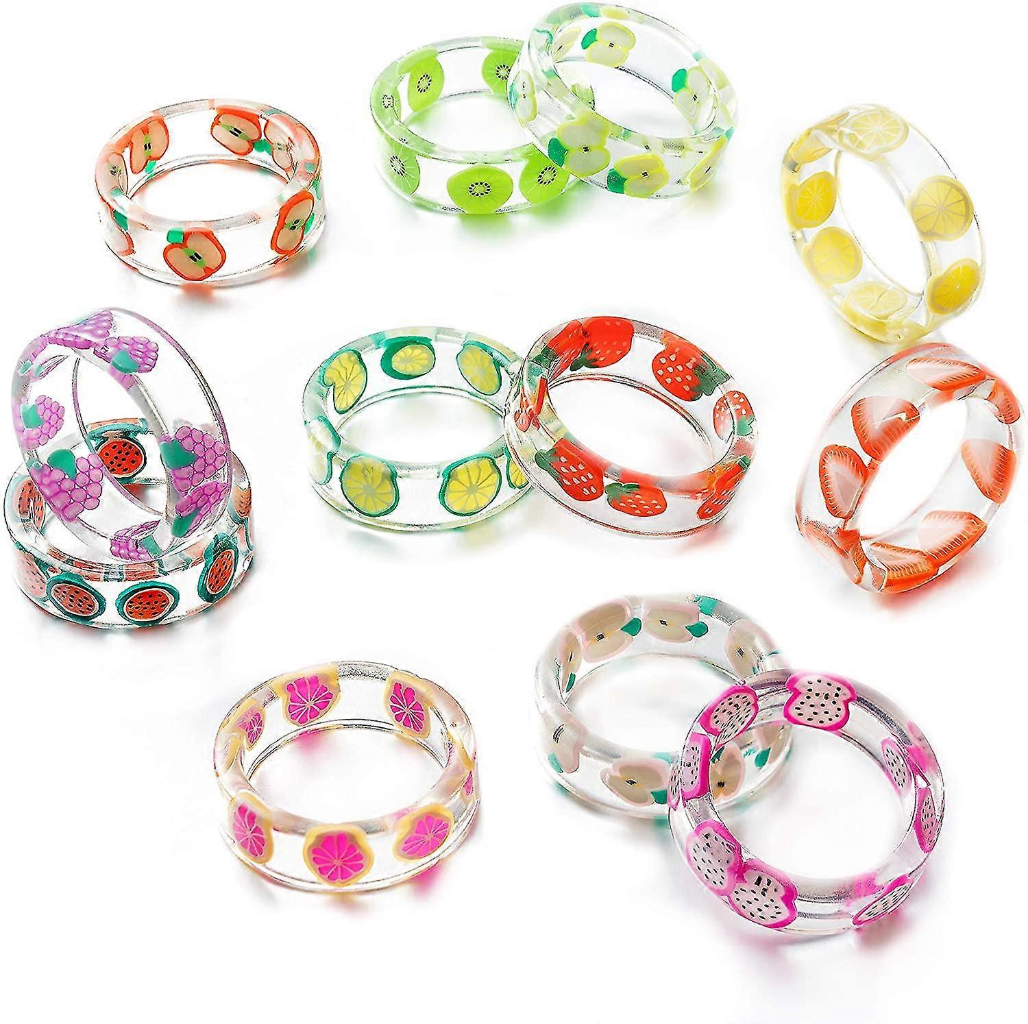 12pcs Resin Fruit Rings Set Cute Pitaya Strawberry Apple Watermelon Kiwi