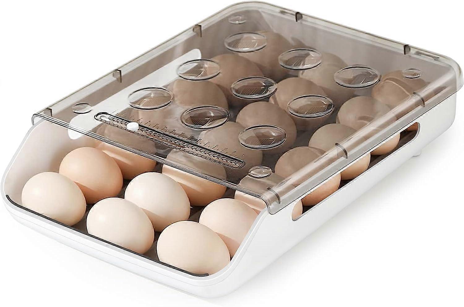 Stackable Egg Storage Box Plastic Egg Container Fridge Egg Storage with Lid Auto Scroll Egg Container for Kitchen Cabinets Countertops(Grey)