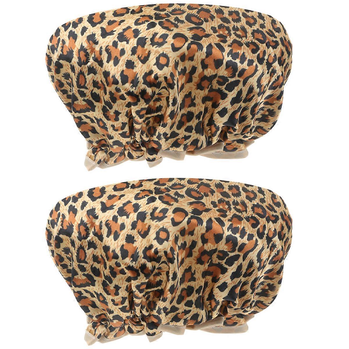 2pcs Shower Caps Double-layer PEVA Waterproof Elastic Bathing Caps Hair Protective Caps (Leopard Print)
